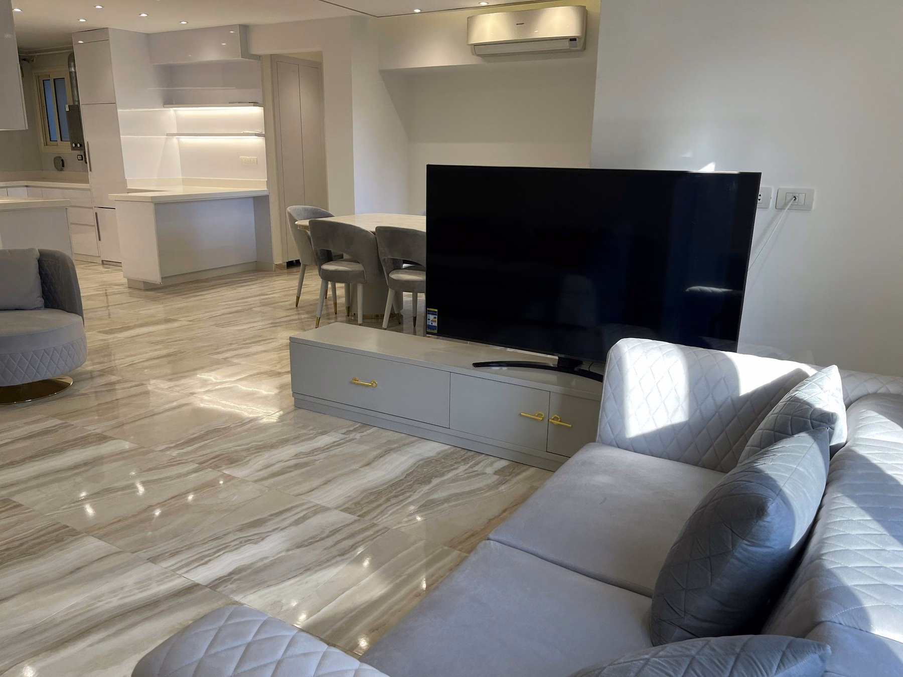 Living room seating and television area